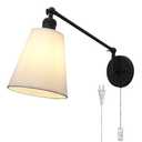 PERMO Retro Swing Arm Wall Sconce Plug in Wall Lamp Black Single Sconce with White Fabric Shade Wall Light Fixture for Bedroom Living Room Office