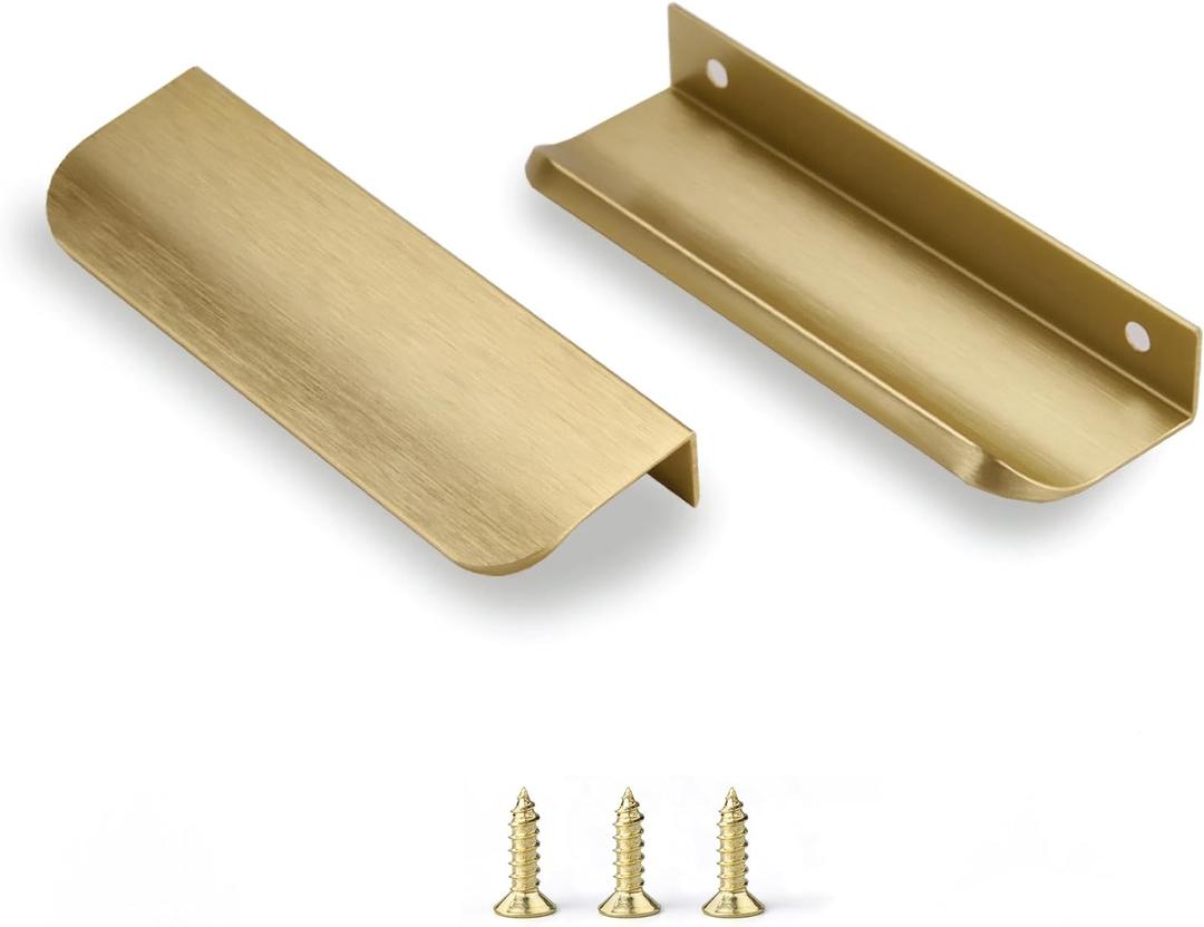 Edge Finger Tab Pull for cabinets Kitchen Concealed Drawer pulls Aluminum Hidden Door Handle for Home 10 Pack Modern Brushed Brass 6" Overall Length Easy Installation