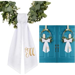 2 Pack Wreath Sash for Front Door Monogrammed Embroidery Wreath Sash for Boxwood Front Door Porch Wreath Garland Decor(Letter M)