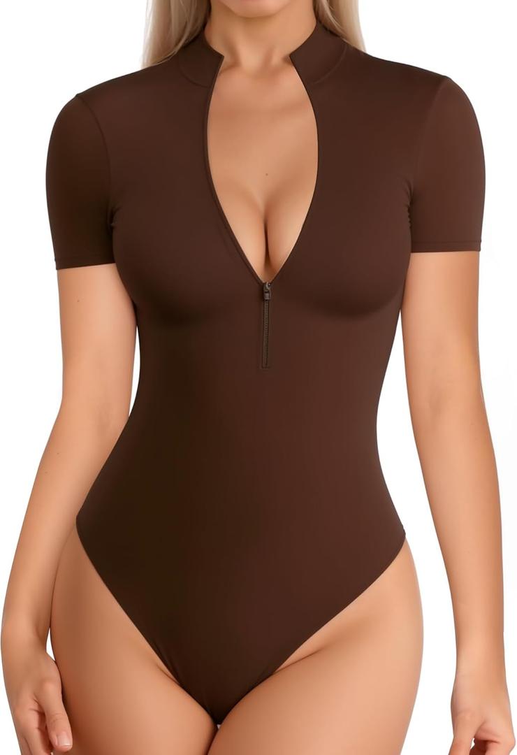 MANGOPOP Long Sleeve Body Suit Mock Turtle Neck Zip Up Bodysuit for Women Ribbed Deep V Sexy Bodysuit Shirts, L