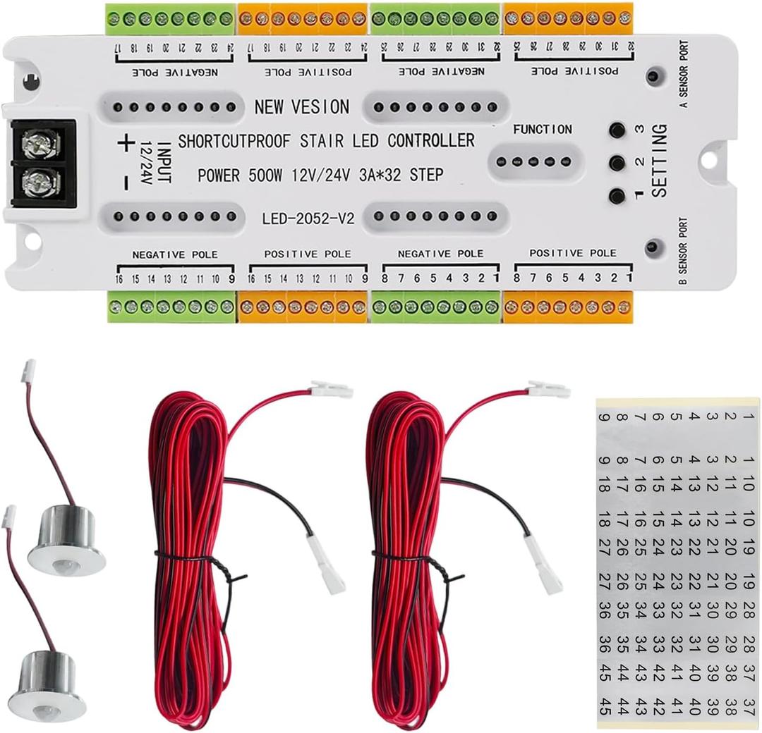 32 Channel Motion Sensor LED Stair Controller - Automatic Staircase Lighting Controller with Short Circuit Protection - Adjustable Brightness for Indoor Under Stair Lighting