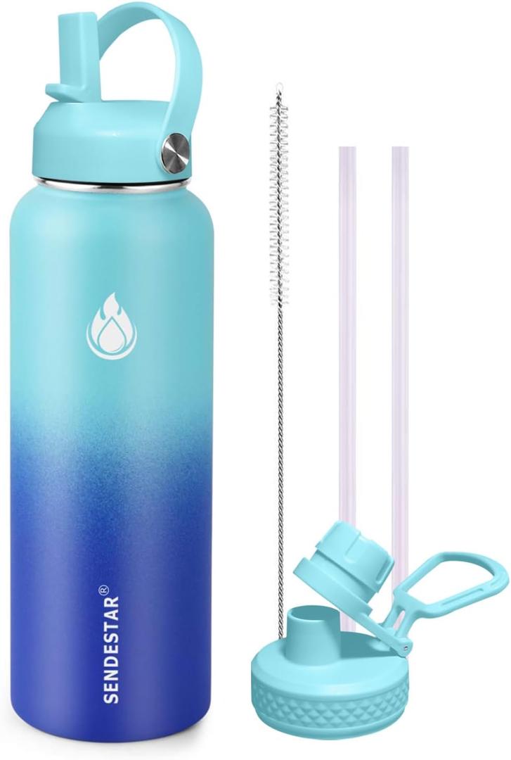 SENDESTAR Stainless Steel Wide Mouth Water Bottle 32oz Double Wall Vacuum Insulated Leak Proof Bottle with New Flex Straw Lid & Spout Lid XIN-MC-1000-1