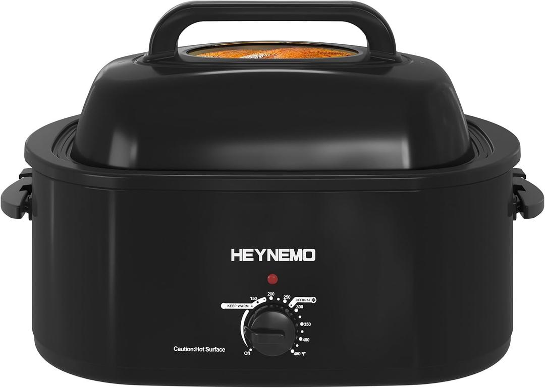 28 Quart Electric Roaster Oven with Visible & Self-Basting Lid, Large Turkey Roaster with Defrost Warm Function, Adjustable Temperature, Removable Pan Rack, Stainless Steel, Black, 28QT