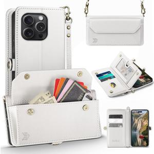 DJBull for iPhone 16 Pro Max 6.9" Wallet Case with Card Holder, Shoulder and Wristlet Straps, Soft PU Leather, Magnetic Snap, Flip Phone Case for Women Men for Apple 16 Pro Max White