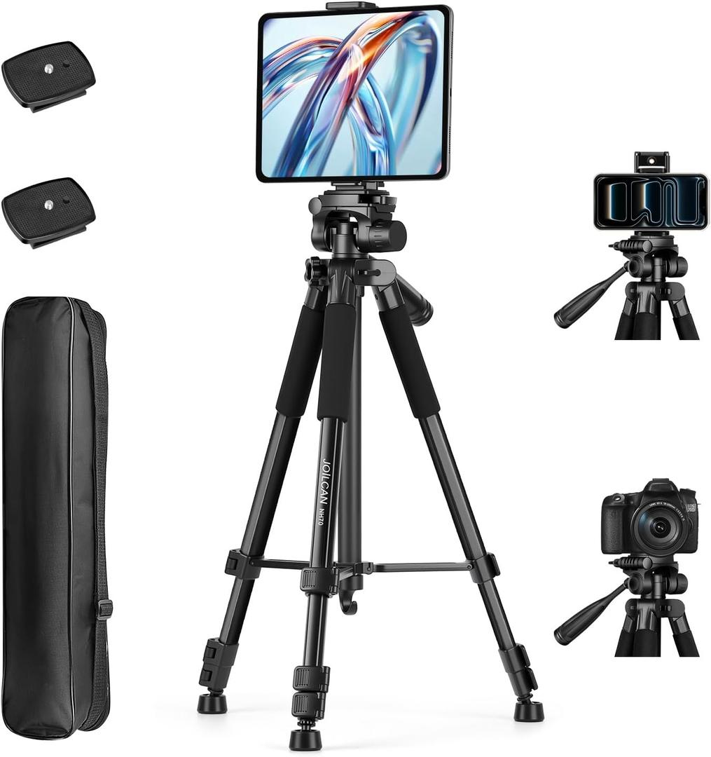 JOILCAN 67" Phone iPad Tripod, Professional Camera Tripod Stand for Tablet iPhone with 2-in-1 Holder & Carry Bag, Extendable Travel Tripod for Cellphone Camera Video Recording Live Stream Vlogging (Black)