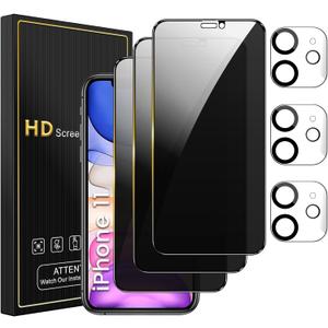 Romkasi 3 Pack Privacy Screen Protector for iPhone 11 6.1 Inch with 3 Pack Camera Lens Protector, Anti Spy Tempered Glass Film, Anti-Scratch, Touch Sensitive, Case Friendly