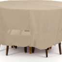 Covermates Classic Round Patio Dining Table and Chair Set Cover – All-Weather Outdoor Furniture Protection, Water-Resistant Vinyl, Elastic Hem, Mesh Vents, 86DIAMETER x 30H, Classic Tan