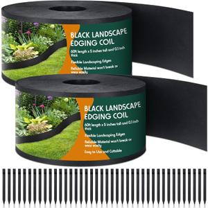 Sasylvia Black Plastic Landscape Edging Coil 5 Inch x 120ft with 40 Stakes 1/10" = 0.1" Inch Thin Bender Board, Garden Liner Flexible and Strengthened with Anti UV for Yard Edging Borders