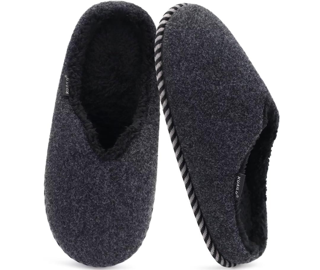 KuaiLu Womens Memory Foam Slippers Ladies Cozy Fuzzy Plush Fur Lined Warm Winter Cushioned Slip on House Bedroom Shoes Comfy Indoor Outdoor Hard Sole Arch Supportive Plantar Fasciitis Black Size 6