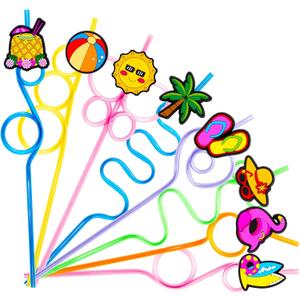 24 PCS Summer Drinking Crazy Straws for Kids Beach Ball Pool Flamingo Summer Themed Birthday Party Supplies Favors Decorations with 24 PVC Cute Charm, 2 Cleaning Brushes Reusable Straw