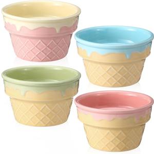 Honeydak 4 Pcs Ice Cream Ceramic Bowls 9 oz Waffle Ice Cream Cups Reusable Sundae Dessert Snack Containers for Summer Kid Adult Birthday Home Yogurt Soup Bar Christmas Party Supplies
