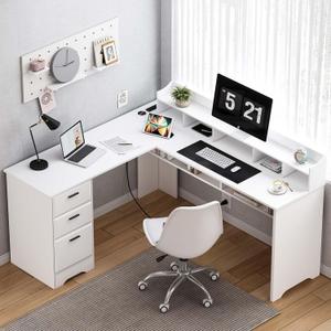White L Shaped Desk with 3 Drawers, 60 inch Corner Desk with Moveable Hutch and Power Outlet, Large Home Office Corner Computer Desk with Storage File Cabinet