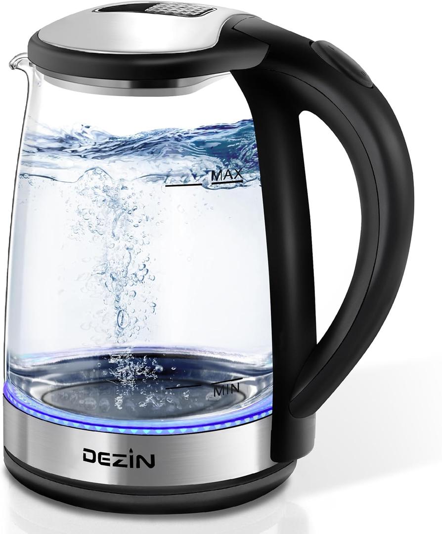 Dezin Electric Kettle, BPA-Free 2L Electric Water Heater, Glass Electric Tea Kettle, 304 Stainless Steel Hot Water Kettle Warmer with Fast Boil, Auto Shut-Off & Boil Dry Protection, for Coffee, Tea (Clear-Black)