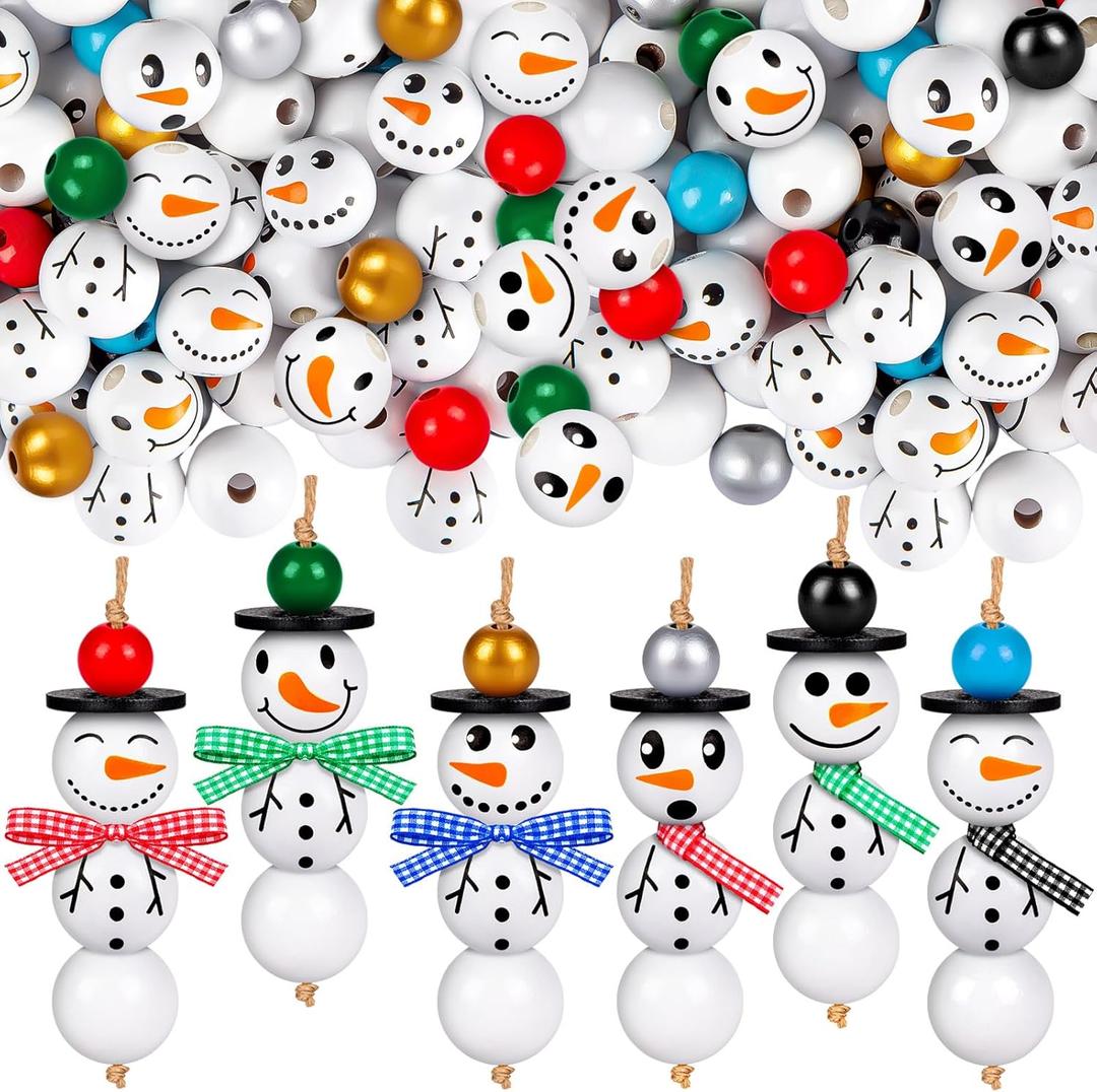 150PCS Christmas Snowman Wooden Beads, Colorful Print Wooden Beads with Twine Scarf for DIY Crafts Christmas Party Christmas Tree Home Decoration