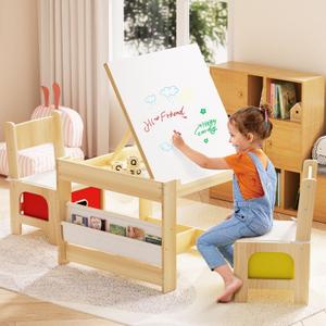 Toddler Table and Chair Set, Wooden Kids Table and Chairs with Adjustable-Height Tabletop, Kids Activity Table with Safety Hinges, Storage Drawers & Bookshelf for playroom Nursery Daycare