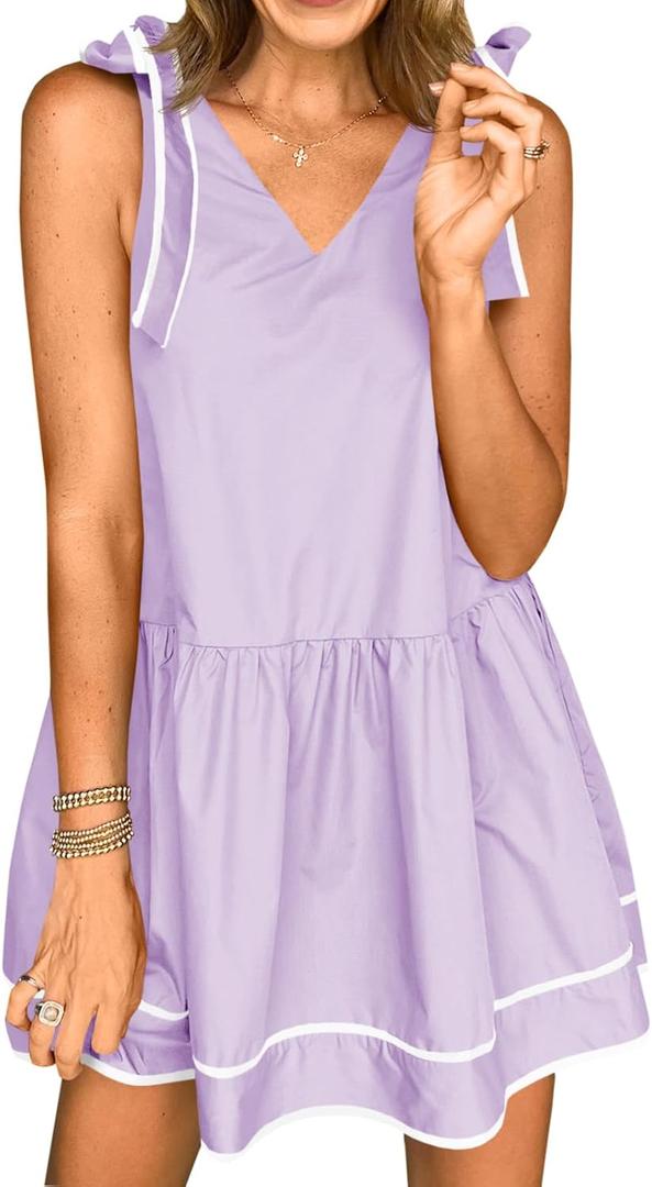 Wenrine Womens Summer V Neck Mini Dress Tie Shoulder Sleeveless Contrast Loose Casual Beach Dresses (Small, Light Purple)