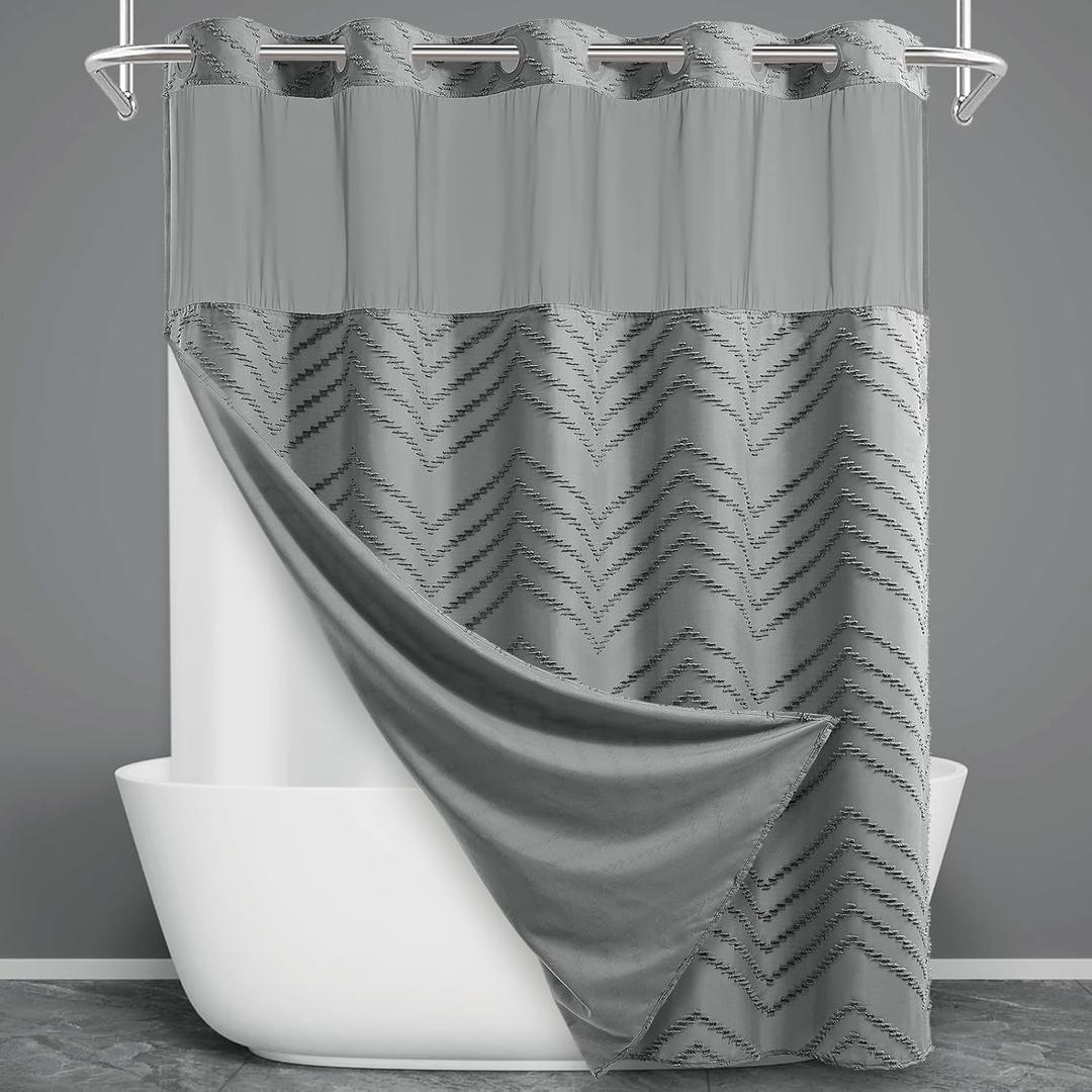 No Hook Shower Curtain with Snap in Liner, Tufted Chevron Striped Shower Curtain Set for Bathroom, Boho Waterproof and Washable Shower Curtains,71Wx74H, Grey
