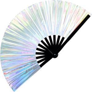 SoJourner Bags Rave Fan - Large Folding Fan - Clack Fan Hand Fan for Raves, Halloween, Burlesque, Rainbow Outfits for Women & Festival Accessories (Silver)
