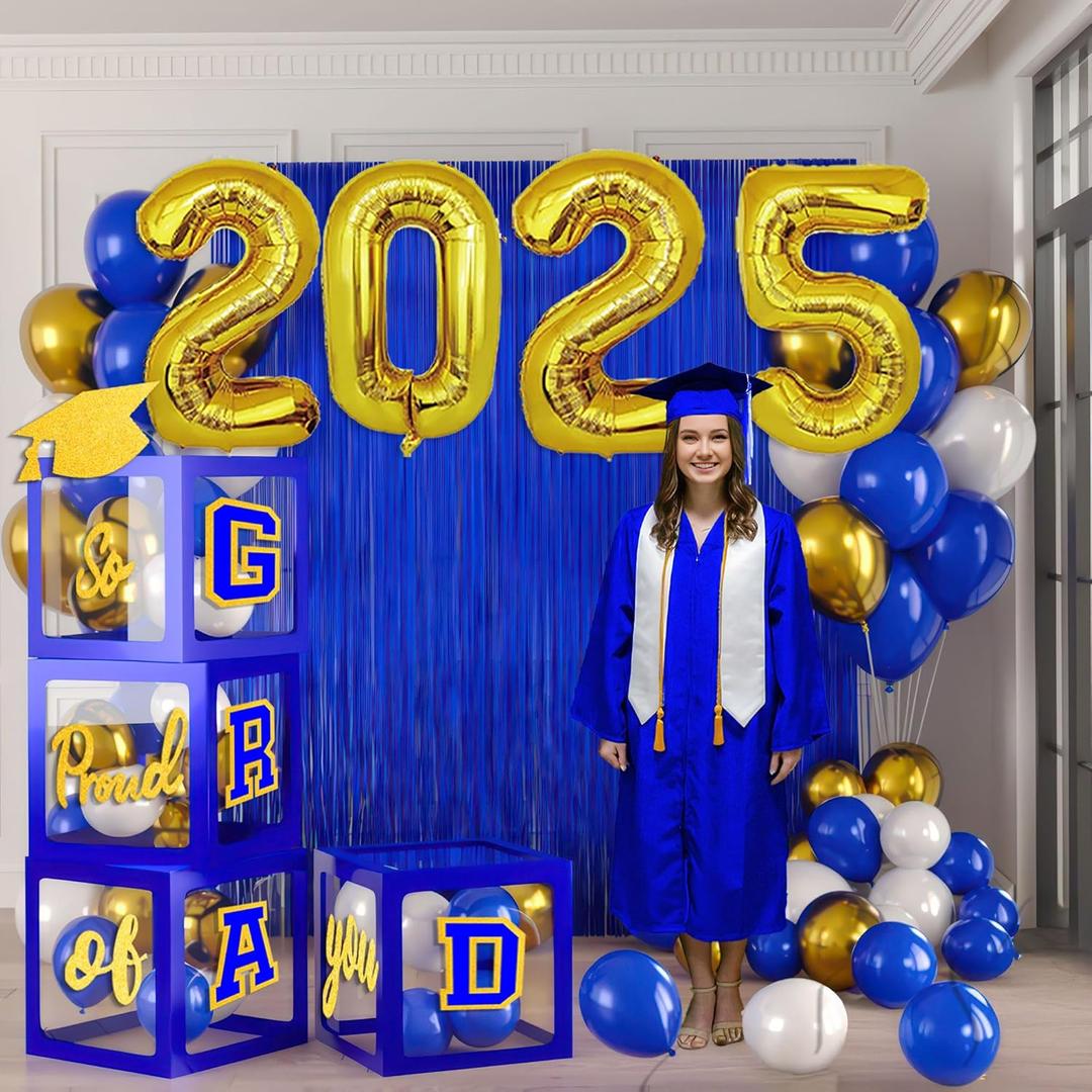 Navy Blue Graduation Decorations 2025 Set of 4 GRAD Balloon Boxes with Balloon Arch Garland Kit mylar balloons So Proud of You 2025 prom Graduation Decorations