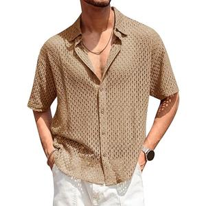 Runcati Mens Button Down Shirt Knit Crochet Hollow Out Short Sleeve Sweater Casual Summer Tops Medium
