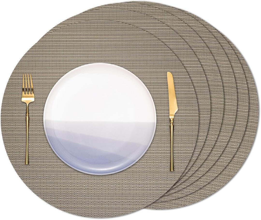 Round Placemats Set of 6 Heat Resistant Vinyl Placemats 15 inch Washable Non-Slip Table Mats Woven Place Mats for Dining Table (Golden Silver, Set of 6)