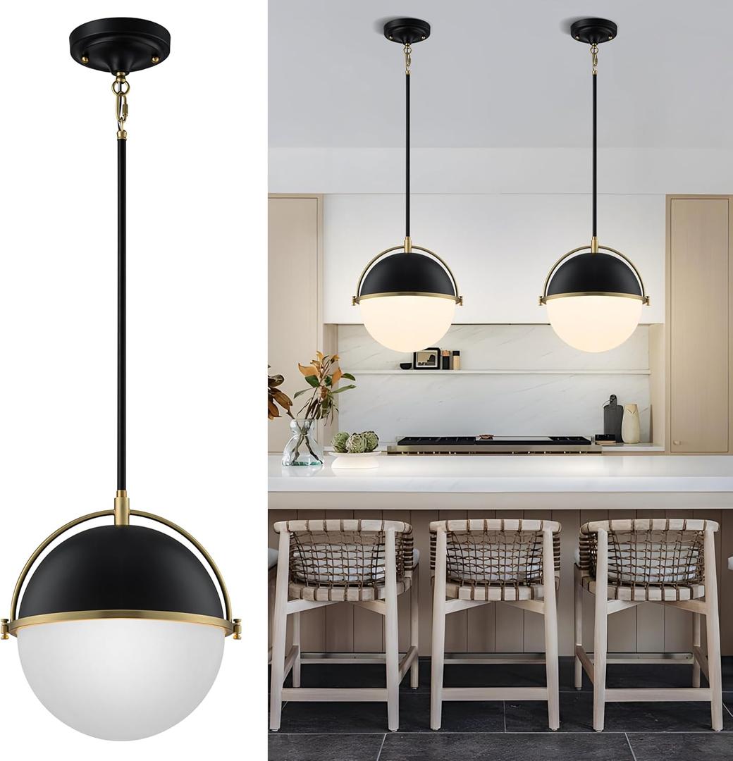 Black and Gold Globe Pendant Lights Kitchen Island, 11.4 Inch Pendant Light Fixtures with Milk Globe Glass Shade, Pendant Lighting for Dining Room Cafes Restaurants Living Room
