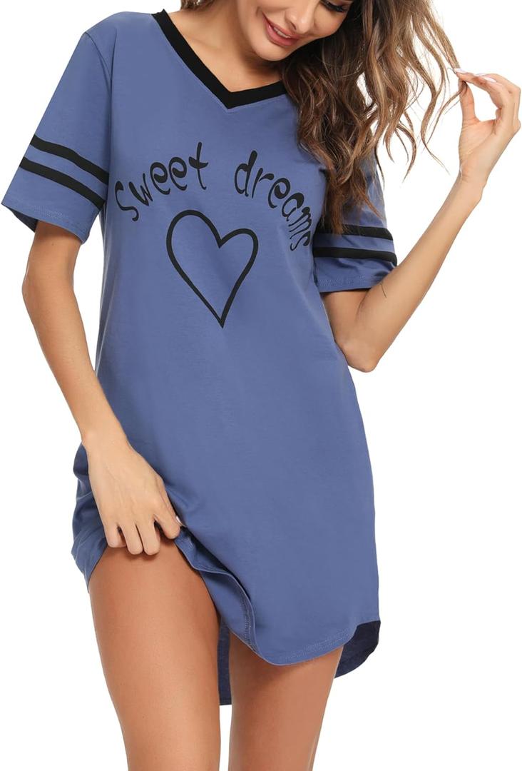 Marvmys Women Nightgowns Short Sleeve Nightshirts Pajama Dress Sleepwears (XX-Large, Blue)