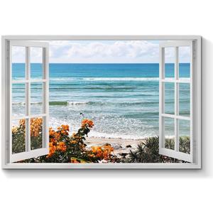 TAR TAR STUDIO Open Window Beach Wall Art: Seaside Flowers Canvas Picture Wave Seascape Artwork Nature Coastal Themed Prints for Living Room Bedroom (24L" x 16W")