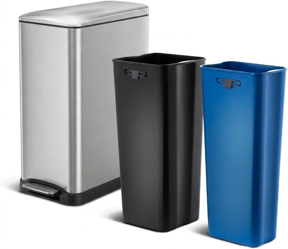 Home Zone Living 13 Gallon Slim Kitchen Trash Can with Dual Compartments for Trash and Recycling, Soft Close Lid, Step Pedal, Stainless Steel, Silver