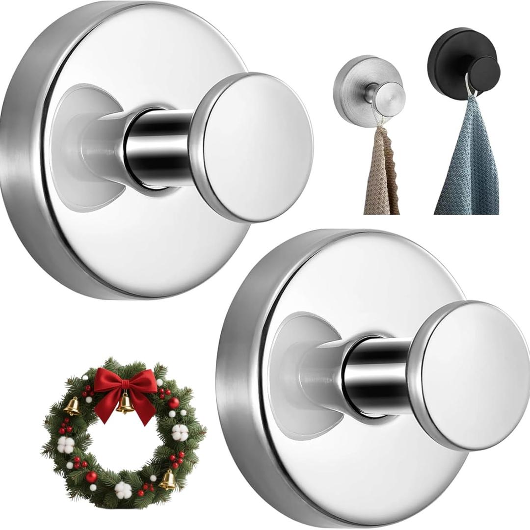 2025 Upgrade Suction Cup Hooks for Wreaths on Glass  No Drill Towel Hooks for Bathrooms, Strong Suction Cup Hooks for Hanging Towels, Robes, Decorations on Window, Mirror, or Tile (Silver 2PCS)