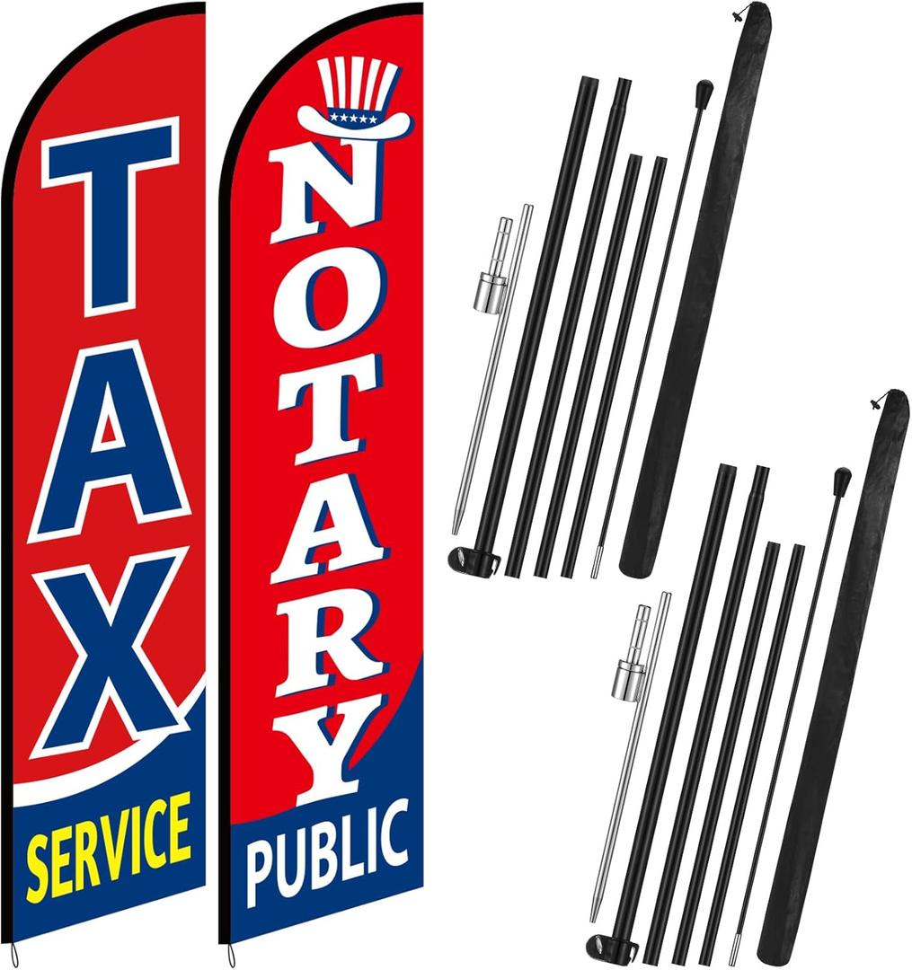 Mindsoft 2 Pcs 15 ft Tax Service Feather Flag Notary Public Flag Income Tax Advertising Feather Banner Sign with Flags Pole Kit and Ground Stake for Business Advertise