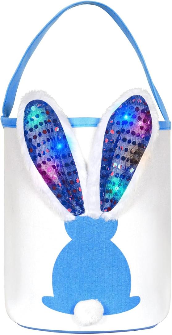 Easter Bunny Baskets with Lights for Baby Boys,Large Blue Kids Easter Bucket Tote with Light up Rabbit Ears for Spring Egg Hunts Party Storage (Blue)