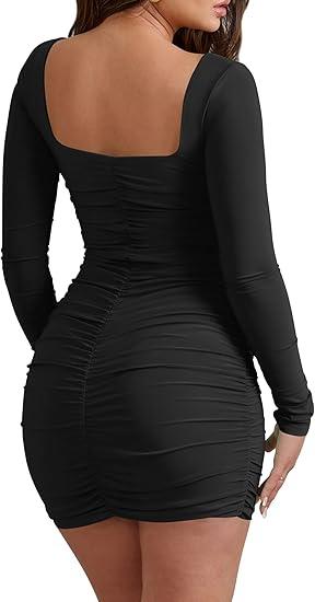 Mokoru Women's Sexy Ruched Bodycon Square Neck Long Sleeve Tight Party Mini Dress
 (X-Small, Black)
