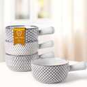 MONITO 28 Oz French Onion Soup Bowls With Handles, Stackable Ceramic Soup Crocks, Serving Bowls Set of 4, Oven/Microwave/Dishwasher Safe, for Chili, Beef Stew, Cereal, Pasta, White-blue