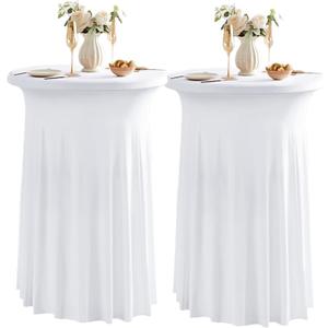 2 Pack Round Cocktail Tablecloths with Skirt Stretch Spandex Table Covers 24"x43" Cocktail Round Table Skirt for Party Wedding Birthday Banquet, White