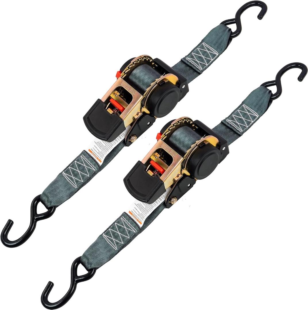 Retractable Ratchet Straps (2 Inch x 10 Feet)  Heavy Duty 2-Pack, 1,333 lbs Break Strength, Self-Retracting Tie Downs for Motorcycle, Truck, Trailer, Cargo, and More