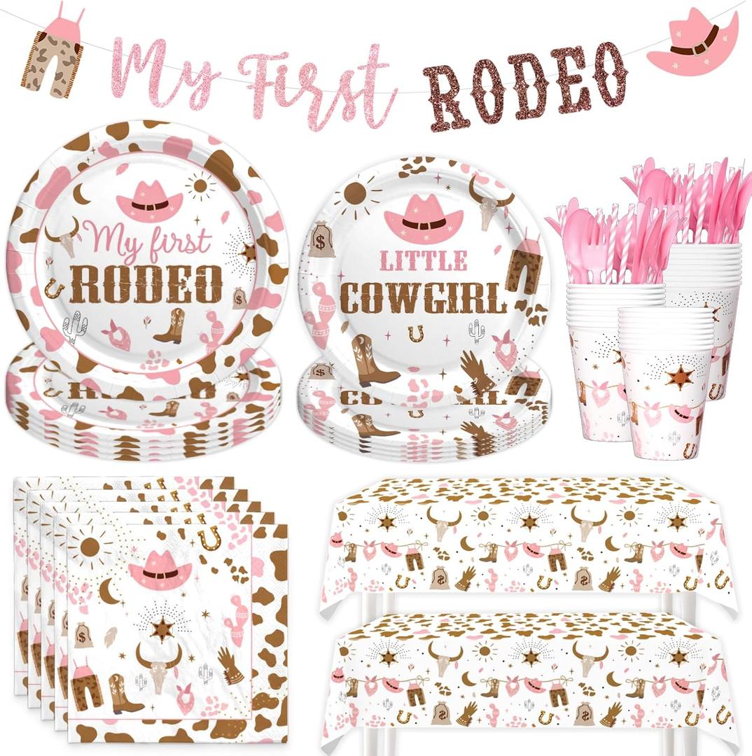 Costova My First Rodeo Supplies Tableware Set Girl, Cowgirl 1st Birthday Party Decorations, Western Wild West One Year Old Birthday Supplies Girl, My First Rodeo Banner Tablecloth Plates Napkins