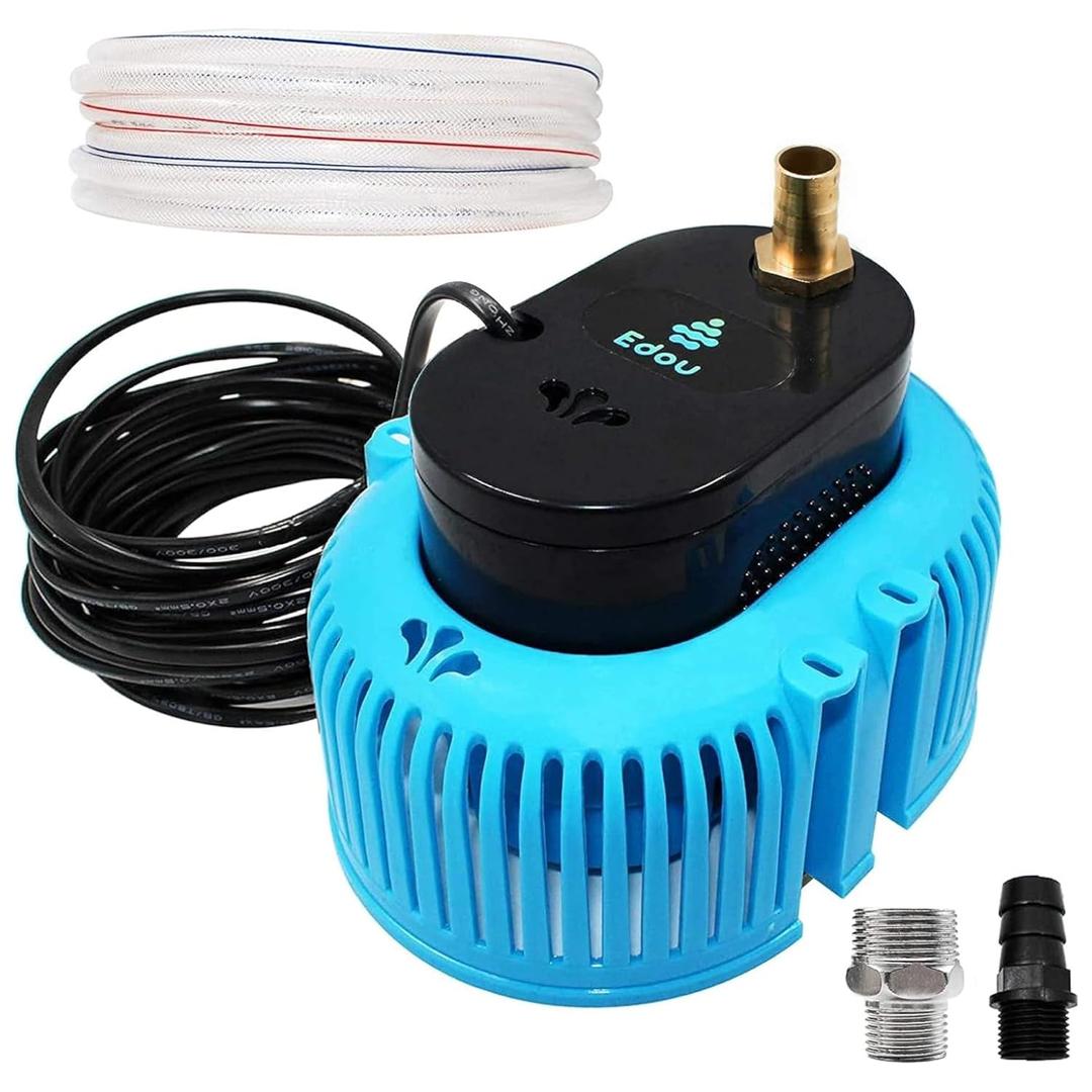 EDOU Direct Submersible Pool Cover Pump | Reliable 850 GPH Max Flow 75 W Includes 16' Kink-Proof Drainage Hose, 2 Adapters Ideal for draining from Above Ground and inground (Blue)