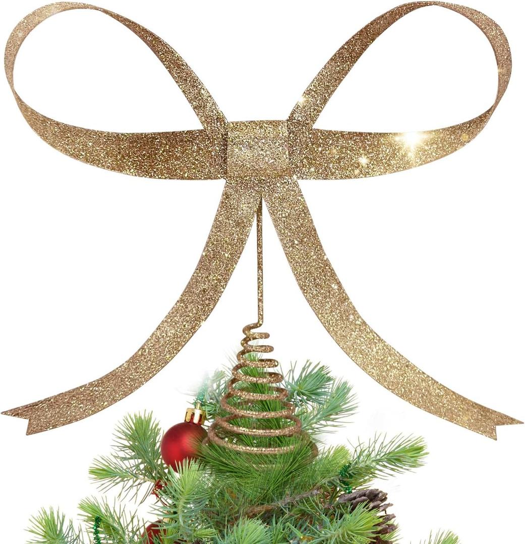 HUTHDAK Large Glitter Champagne Gold Bow Christmas Tree Topper,9.4 Inch Metal Tree Topper,Champagne Gold Bow Christmas Decorations for Xmas Home Decor Holiday Party Indoor Outdoor Shop Office