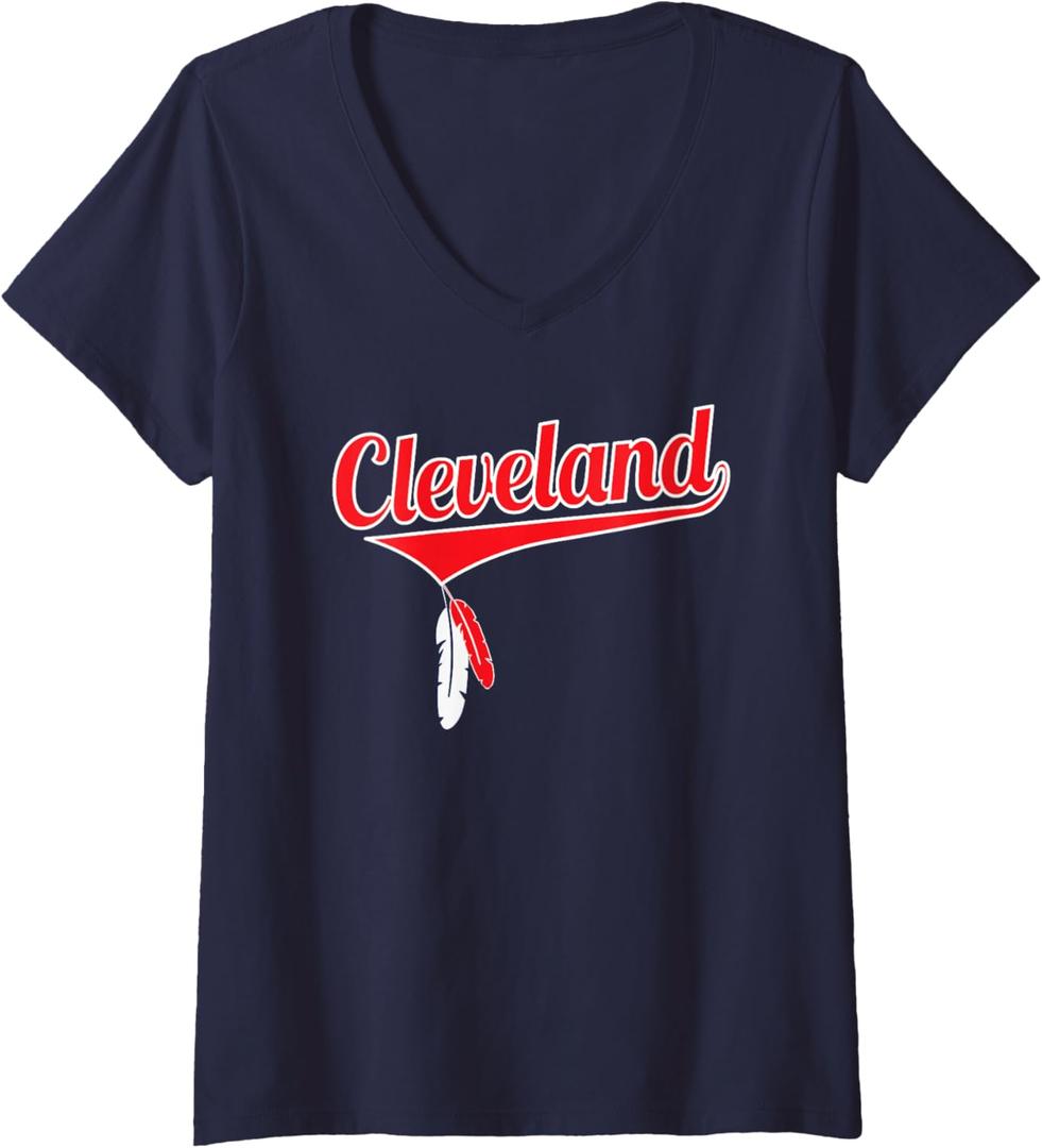 Womens Vintage Cleveland Baseball with Hanging Feathers V-Neck T-Shirt, Small