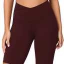 ODODOS Women's Crossover Yoga Shorts with Back Pocket, 8" Buttery Soft V High Waist Lounge Biker Shorts, Burgundy, Small (S)