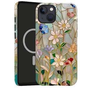 TnXee Case Compatible with iPhone 15,Compatible with MagSafe,Glossy Fall Prevention Hybrid 2-Layer Hard Shell Cases for Girls Boys,Stained Glass Bloom Flower