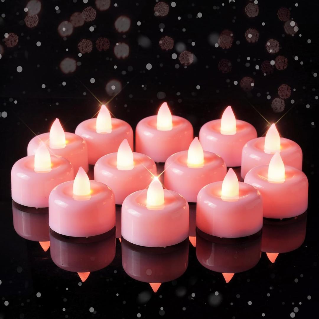 Amagic 12 Pack Pink Flameless LED Tea Lights Candles Battery Operated, Electric Fake Tealight Candles for Votive, Wedding, Table Centerpiece, Theme Party, Aniversary, Proposal, Christmas, Pink Base