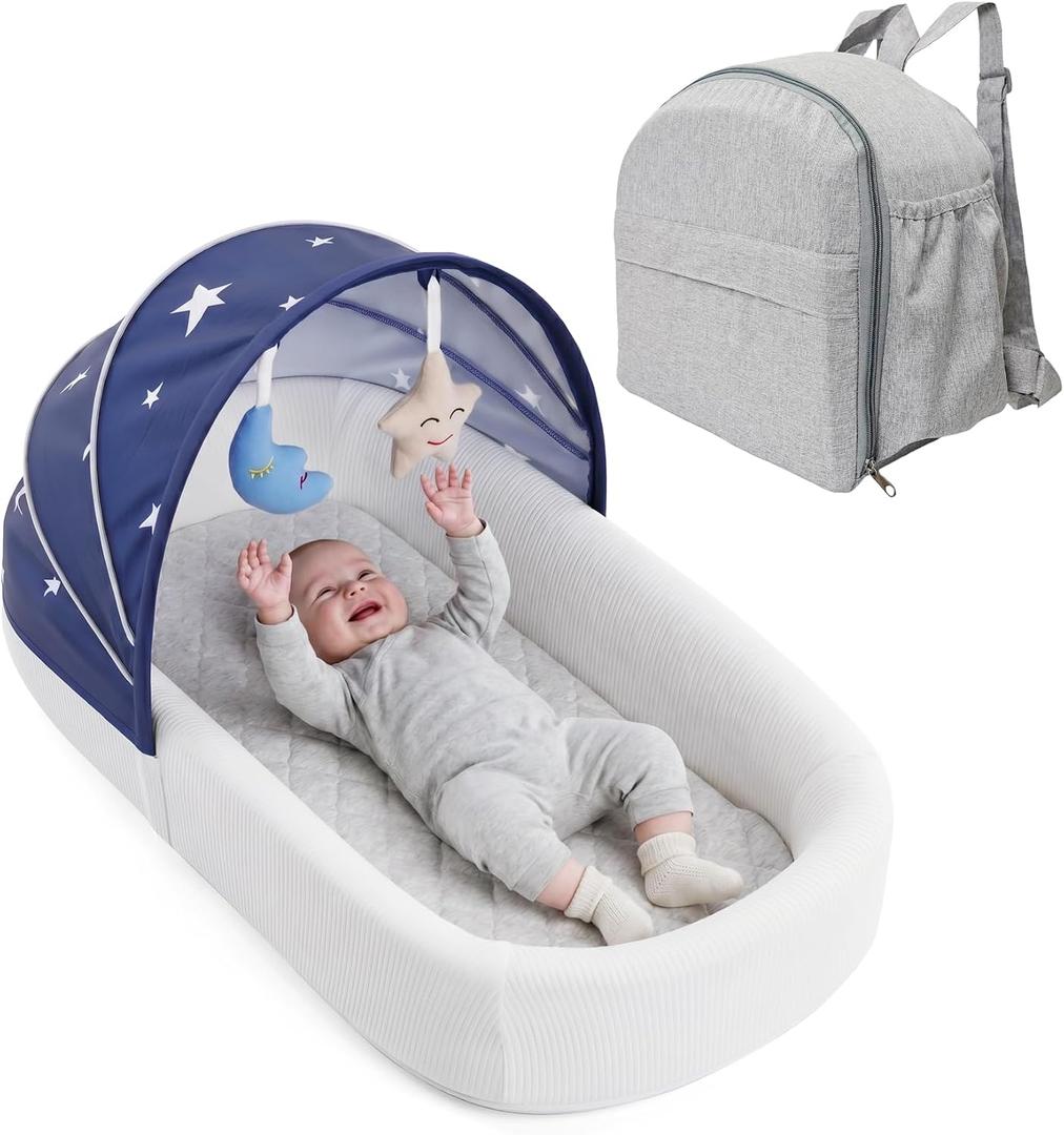 Portable Newborn Nest Lounger with Canopy & Mosquito Net-Lightweight Foldable Newborn Play Support & pad and Washable Cover, Indoor-Outdoor Use(Blue)