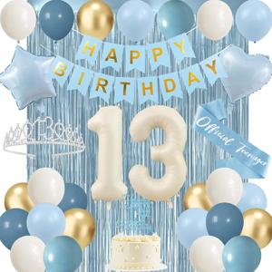 Trgowaul 13th Birthday Decorations for Girls, Light Blue Official Teenager 13th Party Supplies, Banner, Sash and Crown, Cake Topper, 13 Number Balloon, Fringe Curtains, 13 Years Old Party Decor Kit