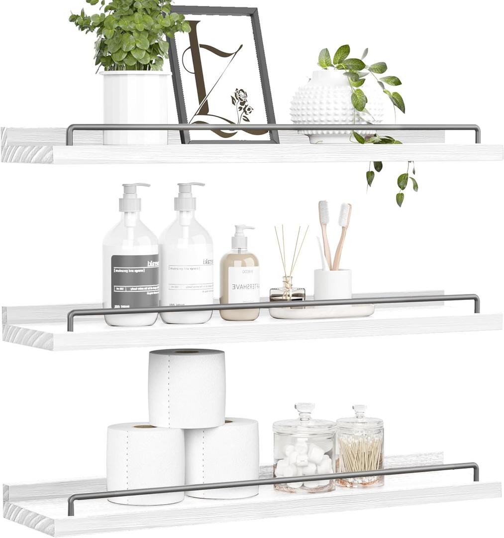 22 inches Long Floating Shelves, Bathroom Decor Shelves Over Toilet, Farmhouse Wall Shelves for Living Room, Bedroom, Picture Frames, Plants, Kitchen, Set of 3 (White and Black)
