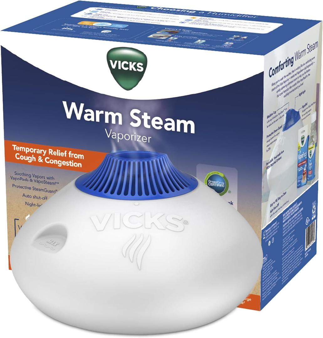 Vicks Warm Steam Vaporizer, Small to Medium Rooms, 1.5 Gallon Tank – Warm Mist Humidifier for Baby and Kids Rooms with Night Light, Works with Vicks VapoPads and VapoSteam
