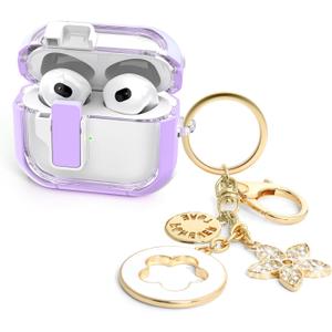 Cases for Cute Airpods 4 Case Cover Women, Clear Airpod 4 Case Lock iPods 4 Cases Hard Protective Air Pods iPods 4th Generation Cas with Bling Keychain for Apple Airpods 4 Gen 2024-Purpl
