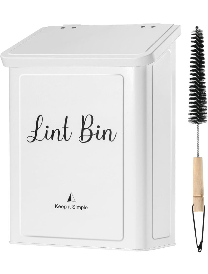 SUBEKYU Magnetic Lint Bin for Laundry Room, Wall Mounted Metal Lint Box Holder Trash Can with Lid for Dryer,Lint Basket for Laundry Room Organization,White