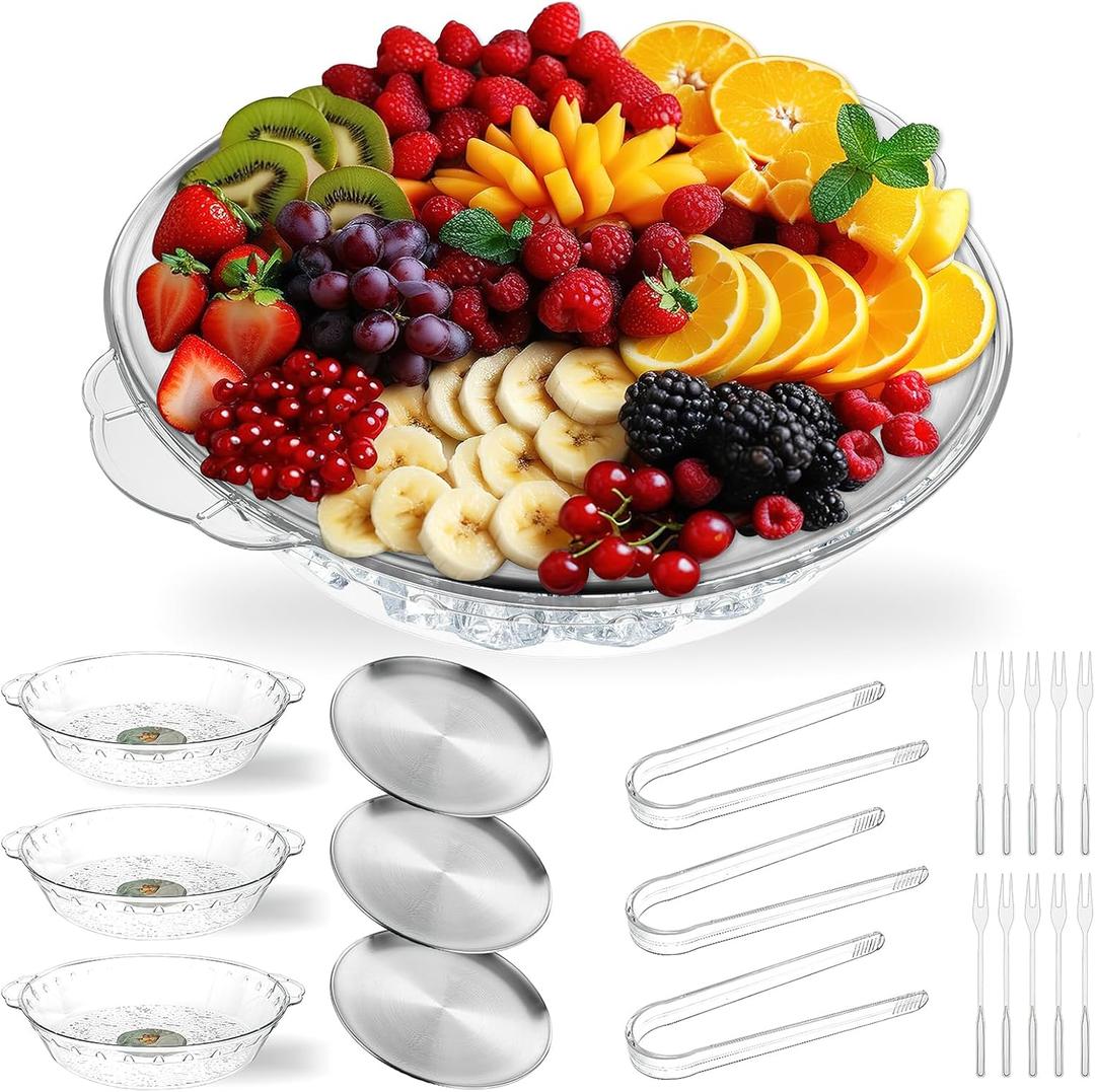 3 Set Chilled Serving Tray for Parties with Compartments, 11.8" Ice Chilled Party Platter, Ice Serving Board with 3 Tongs 10 Forks, Cold Dish Dip for Fruit,Veggies, Appetizer, Shrimp Cocktail